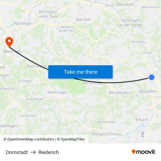 Dornstadt to Riederich map