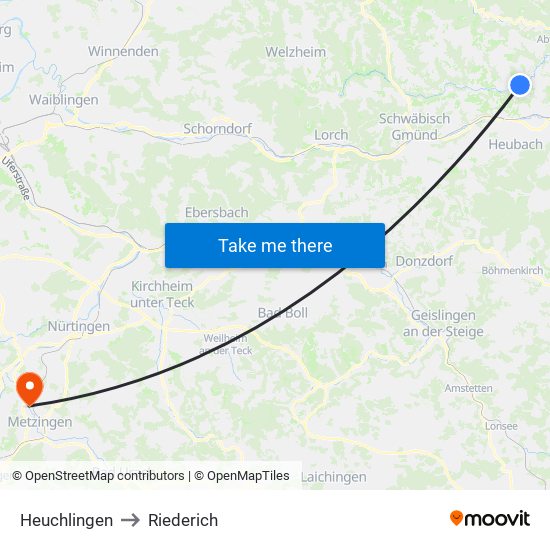 Heuchlingen to Riederich map