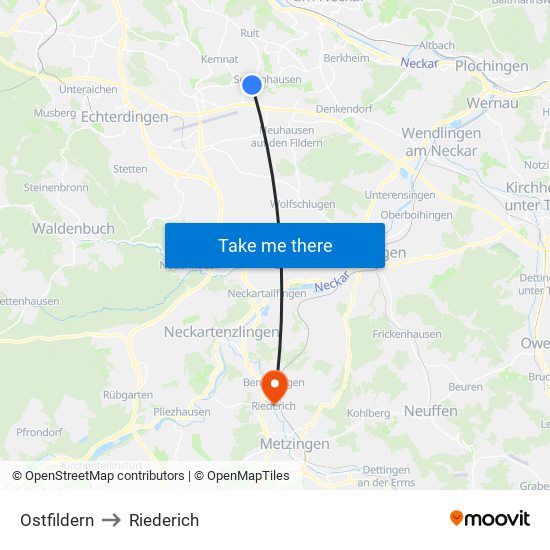 Ostfildern to Riederich map