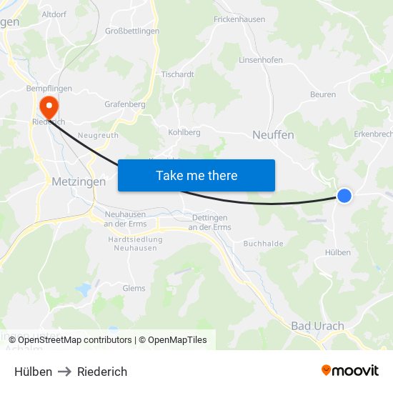 Hülben to Riederich map