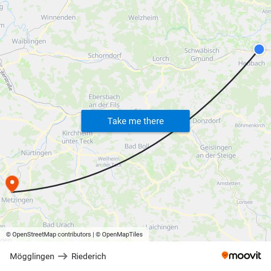 Mögglingen to Riederich map