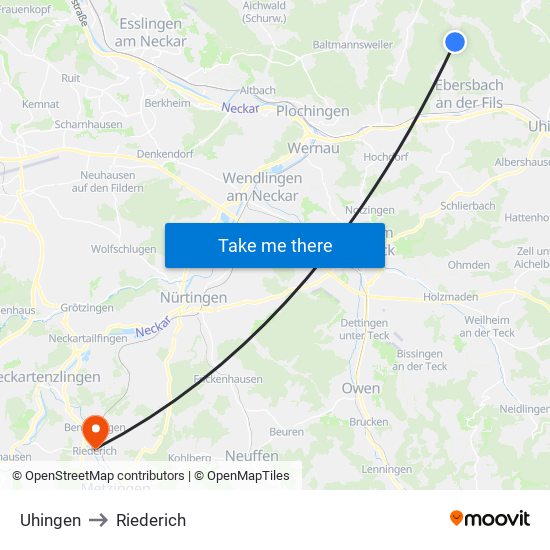 Uhingen to Riederich map