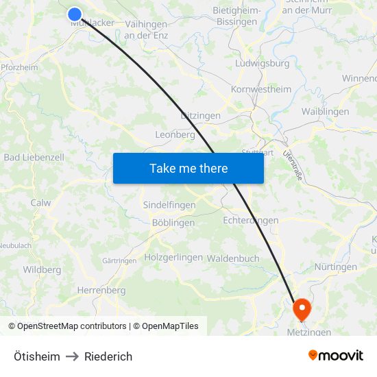 Ötisheim to Riederich map