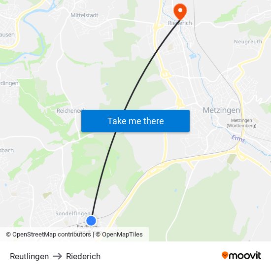 Reutlingen to Riederich map