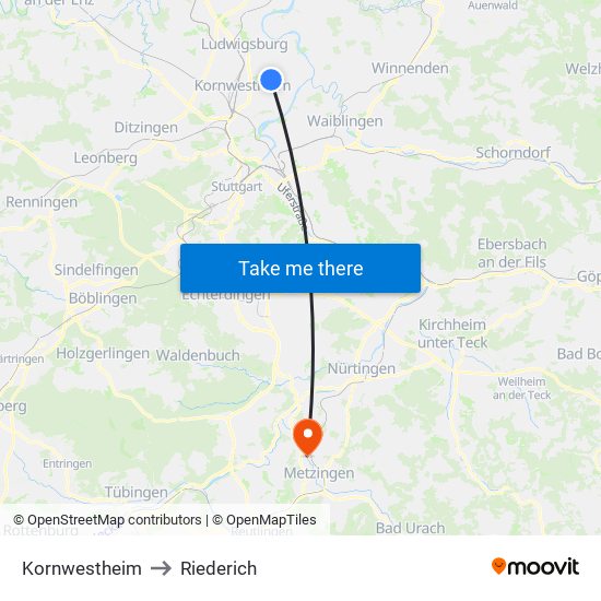 Kornwestheim to Riederich map