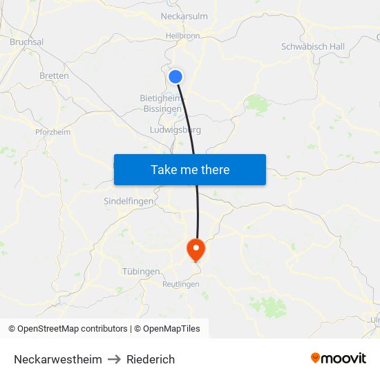 Neckarwestheim to Riederich map