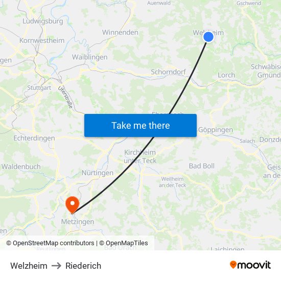 Welzheim to Riederich map