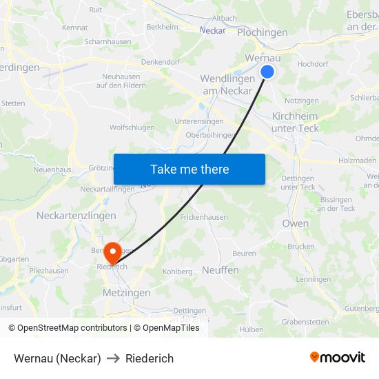 Wernau (Neckar) to Riederich map