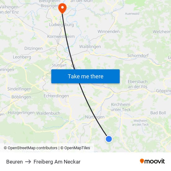 Beuren to Freiberg Am Neckar map