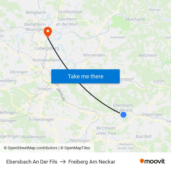 Ebersbach An Der Fils to Freiberg Am Neckar map