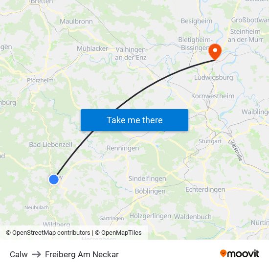 Calw to Freiberg Am Neckar map