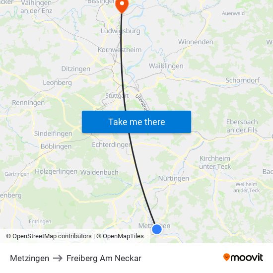 Metzingen to Freiberg Am Neckar map