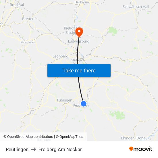 Reutlingen to Freiberg Am Neckar map