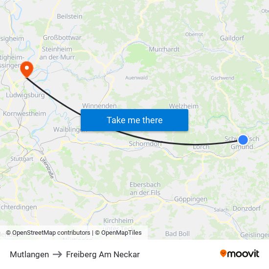 Mutlangen to Freiberg Am Neckar map