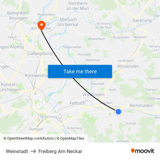 Weinstadt to Freiberg Am Neckar map