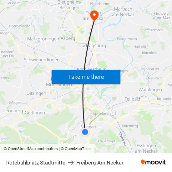 Rotebühlplatz Stadtmitte to Freiberg Am Neckar map