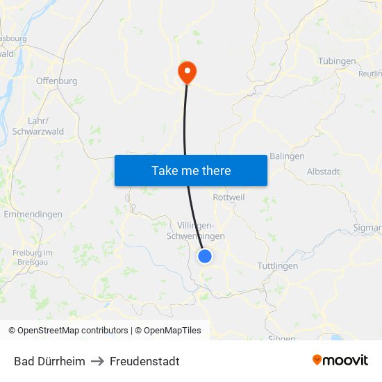 Bad Dürrheim to Freudenstadt map