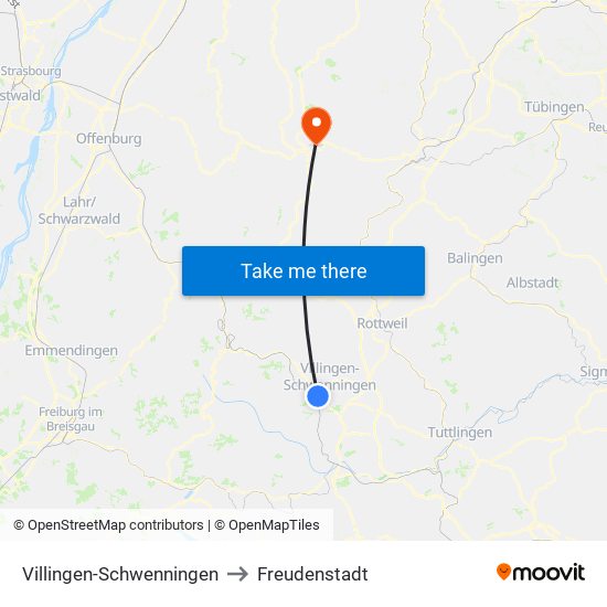 Villingen-Schwenningen to Freudenstadt map