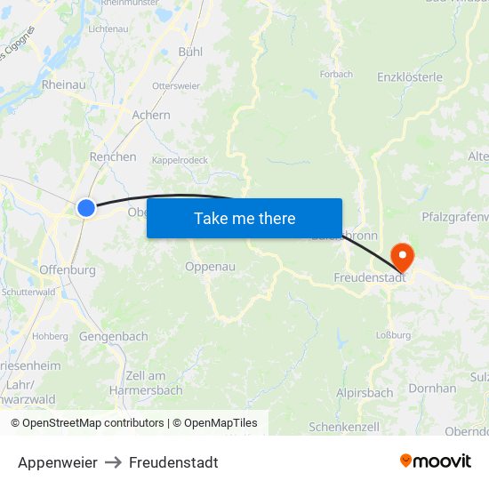 Appenweier to Freudenstadt map