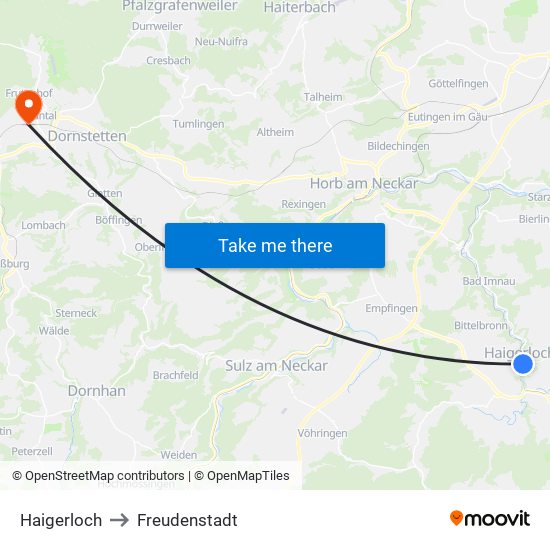 Haigerloch to Freudenstadt map