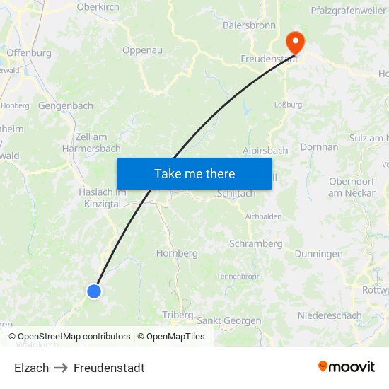 Elzach to Freudenstadt map