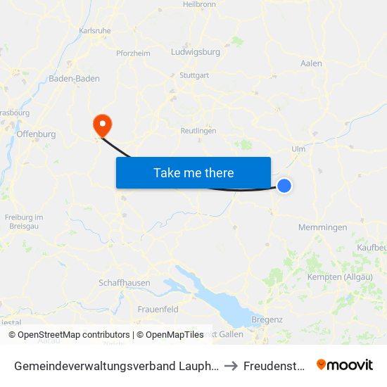 Gemeindeverwaltungsverband Laupheim to Freudenstadt map