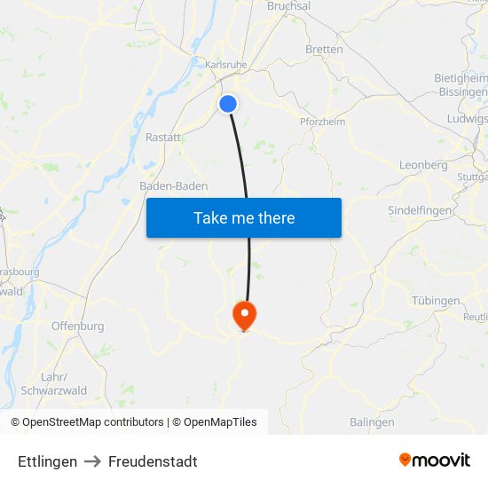 Ettlingen to Freudenstadt map