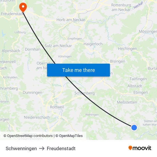 Schwenningen to Freudenstadt map