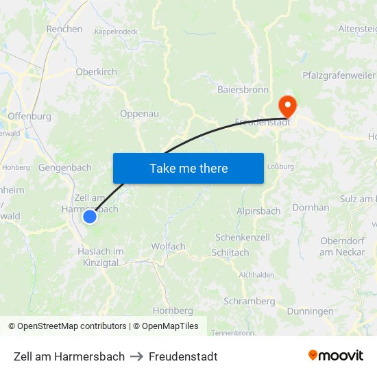 Zell am Harmersbach to Freudenstadt map