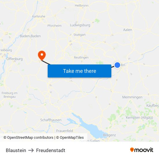 Blaustein to Freudenstadt map
