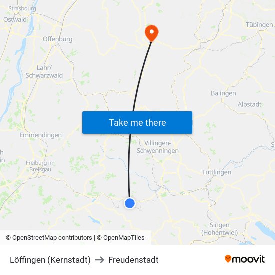 Löffingen (Kernstadt) to Freudenstadt map