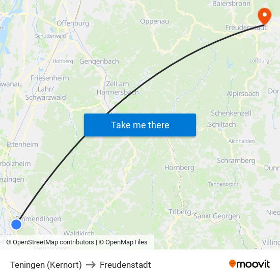 Teningen (Kernort) to Freudenstadt map