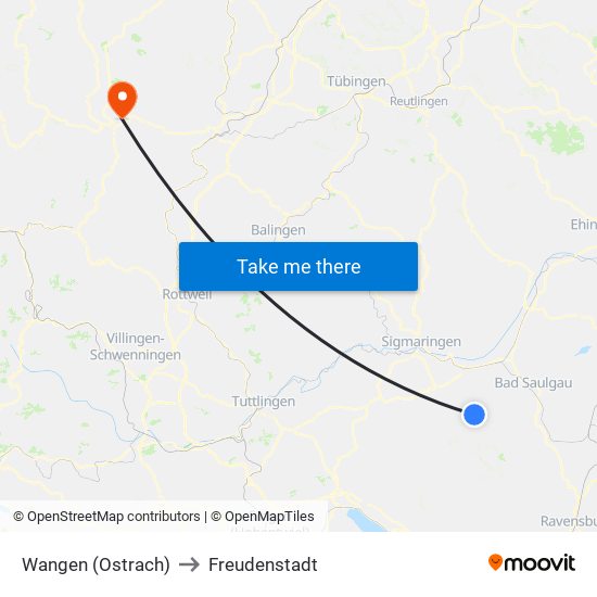 Wangen (Ostrach) to Freudenstadt map