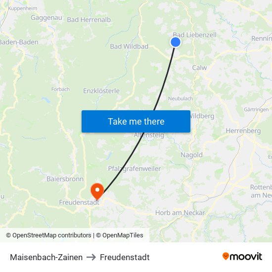 Maisenbach-Zainen to Freudenstadt map
