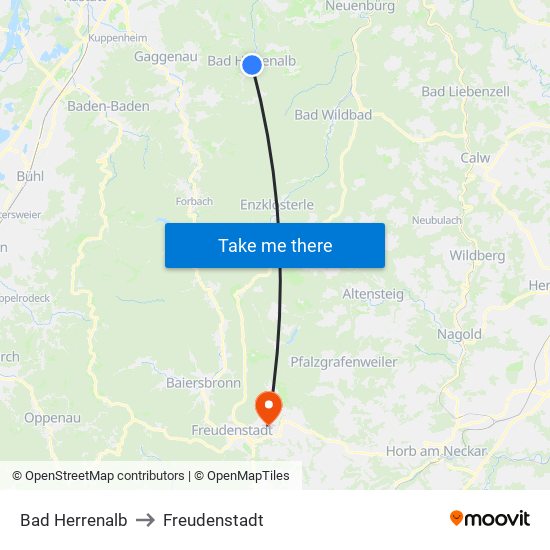 Bad Herrenalb to Freudenstadt map