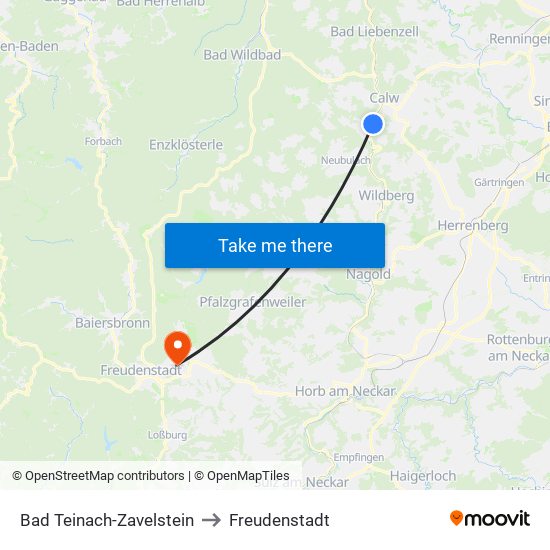 Bad Teinach-Zavelstein to Freudenstadt map