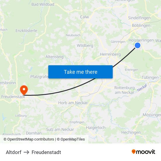 Altdorf to Freudenstadt map