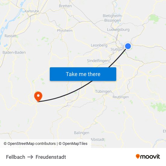 Fellbach to Freudenstadt map