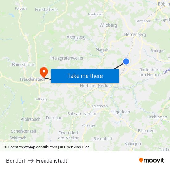 Bondorf to Freudenstadt map