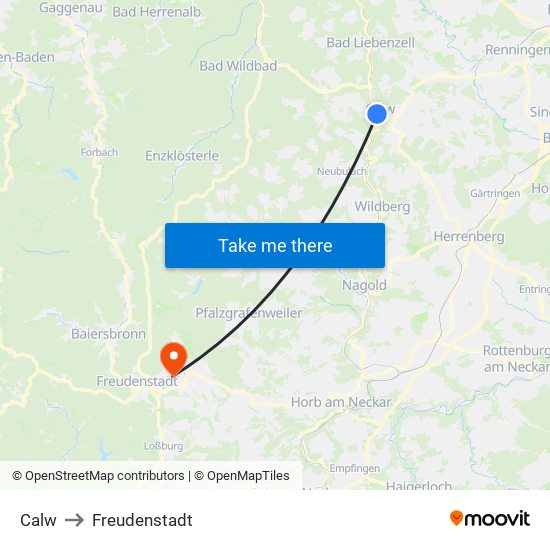 Calw to Freudenstadt map