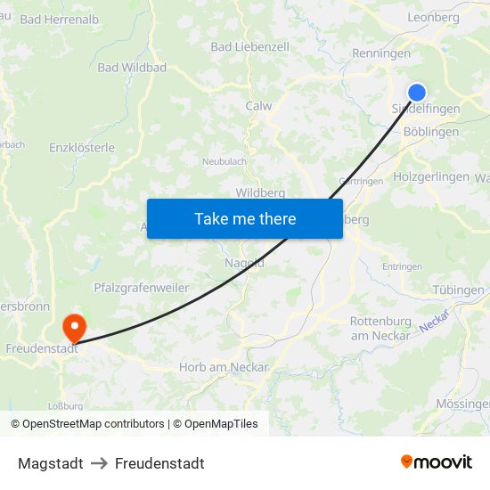 Magstadt to Freudenstadt map