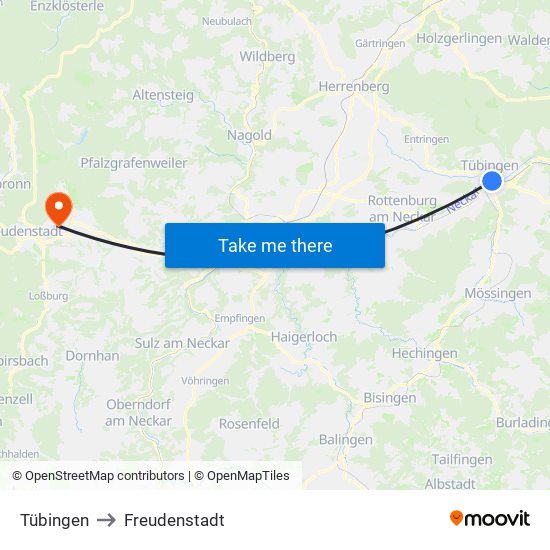 Tübingen to Freudenstadt map