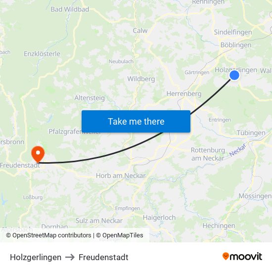Holzgerlingen to Freudenstadt map