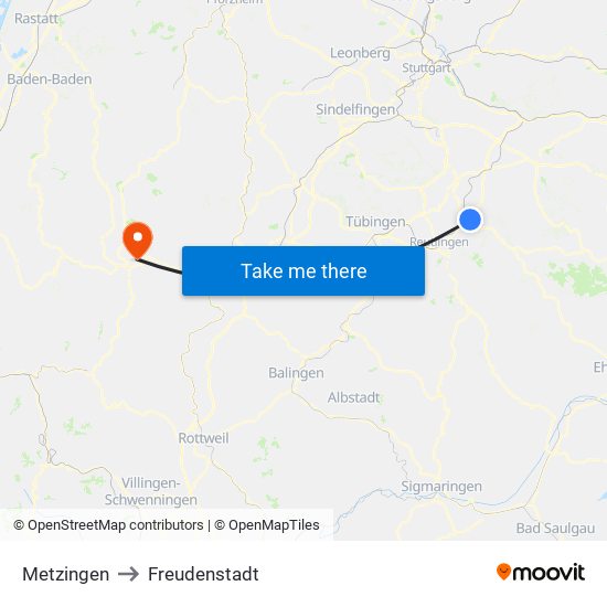 Metzingen to Freudenstadt map