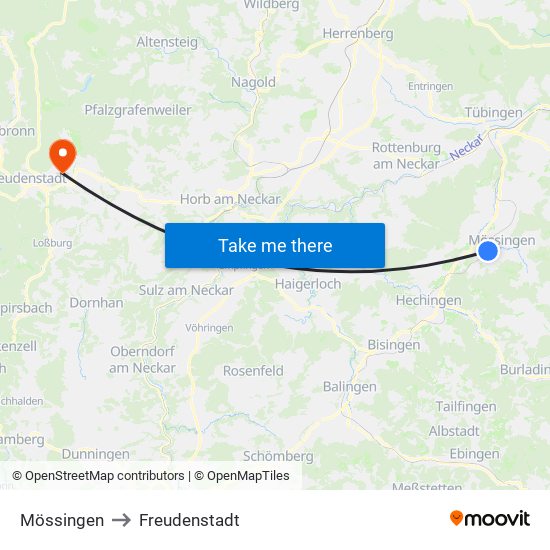 Mössingen to Freudenstadt map