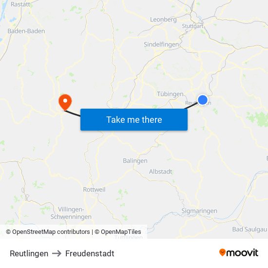 Reutlingen to Freudenstadt map