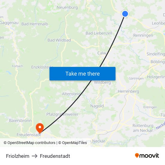 Friolzheim to Freudenstadt map