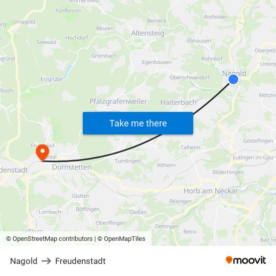 Nagold to Freudenstadt map