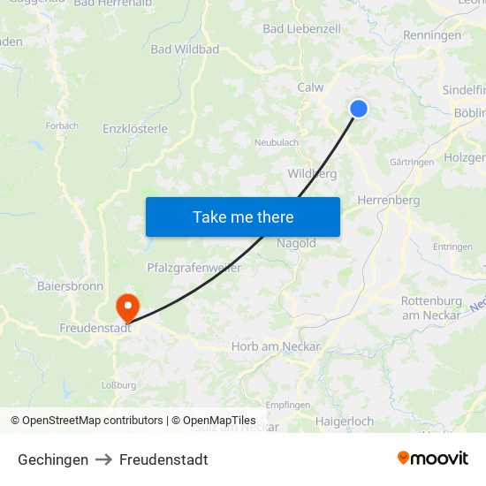 Gechingen to Freudenstadt map