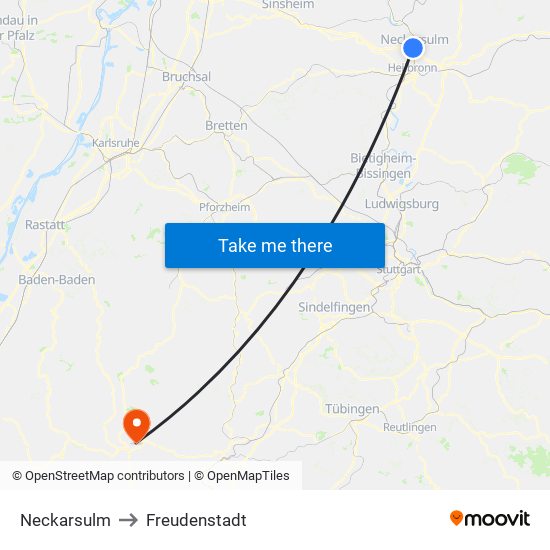 Neckarsulm to Freudenstadt map